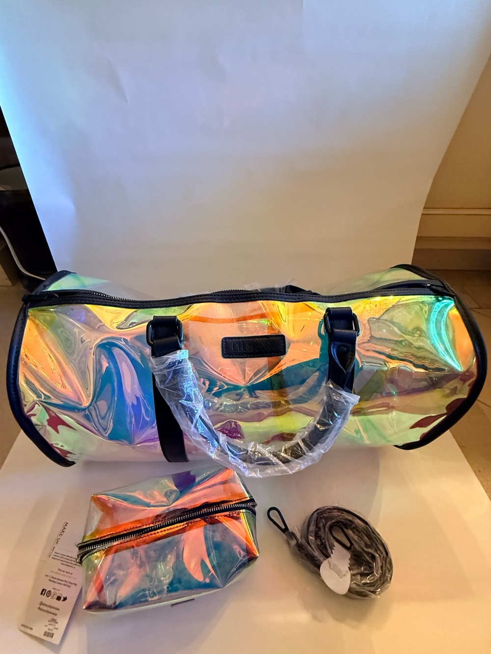 Dolls Kill Holographic Duffle + Urban Outfitters Iridescent Cosmetic Bag NWT
